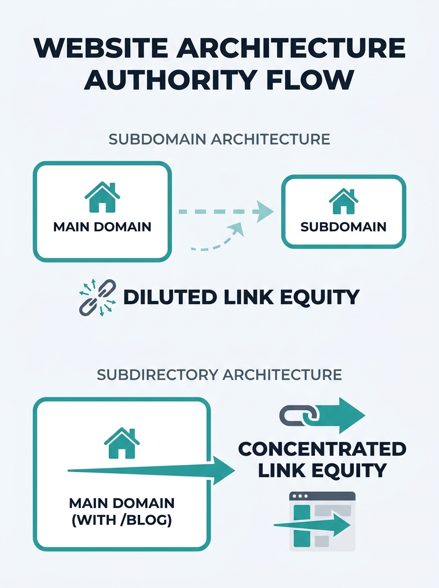Infographic comparing subdomain versus subdirectory architecture for real estate websites, showing how link equity flows differently in each model with arrows indicating authority distribution