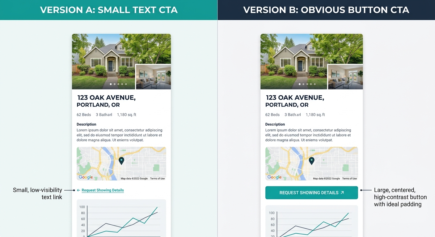 Side-by-side comparison of a mobile property page with a small, left-aligned text CTA versus a large, centered, high-contrast button CTA with adequate touch target padding