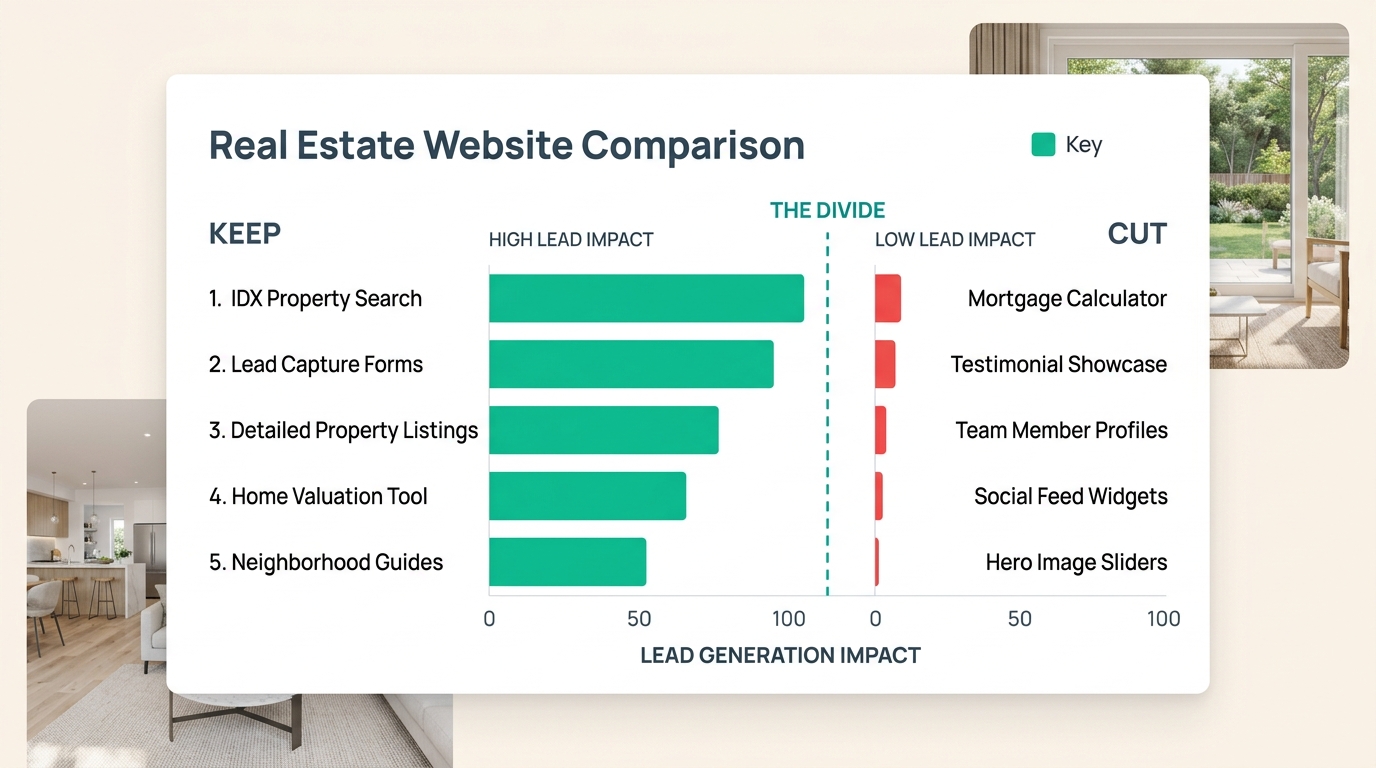 horizontal bar chart comparing ten common real estate website features by lead generation impact, with IDX search and lead capture forms showing the tallest green bars on the left and hero sliders and