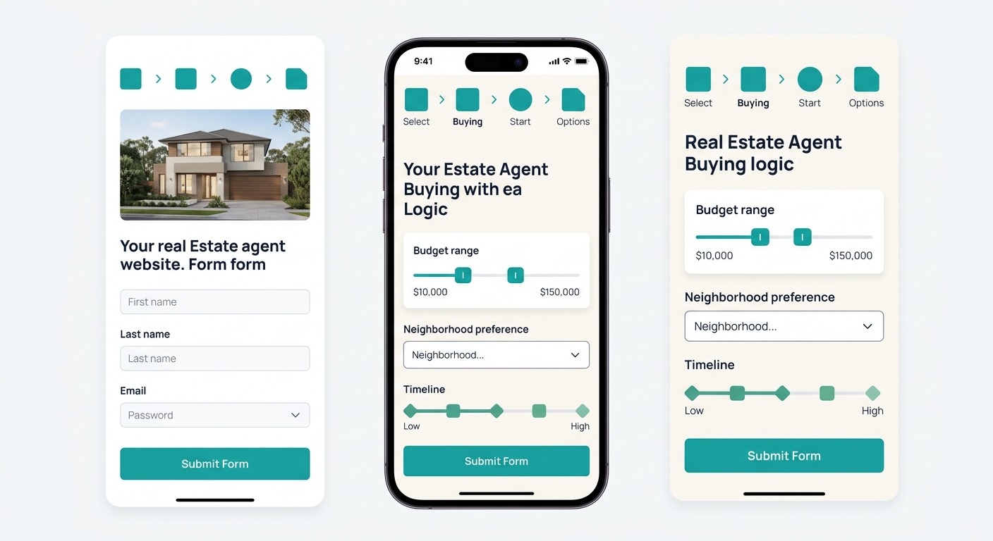 A real estate website form on a mobile phone screen showing conditional logic in action — a visitor has selected "Buying" and the form has dynamically revealed a budget range slider, a neighborhood pr
