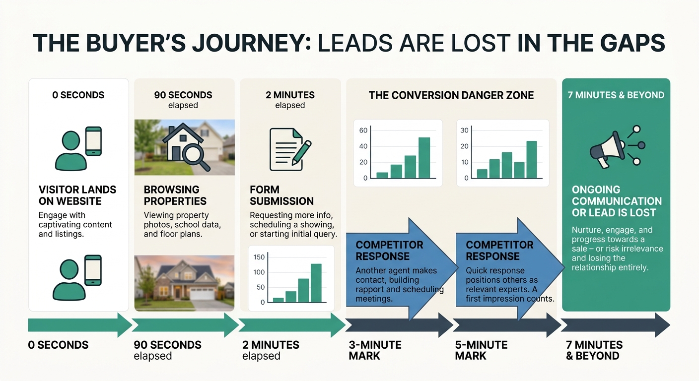 a timeline diagram showing a buyer's experience from landing on a real estate website at 0 seconds, browsing for 90 seconds, submitting a form at 2 minutes, then a gap labeled "the conversion danger z