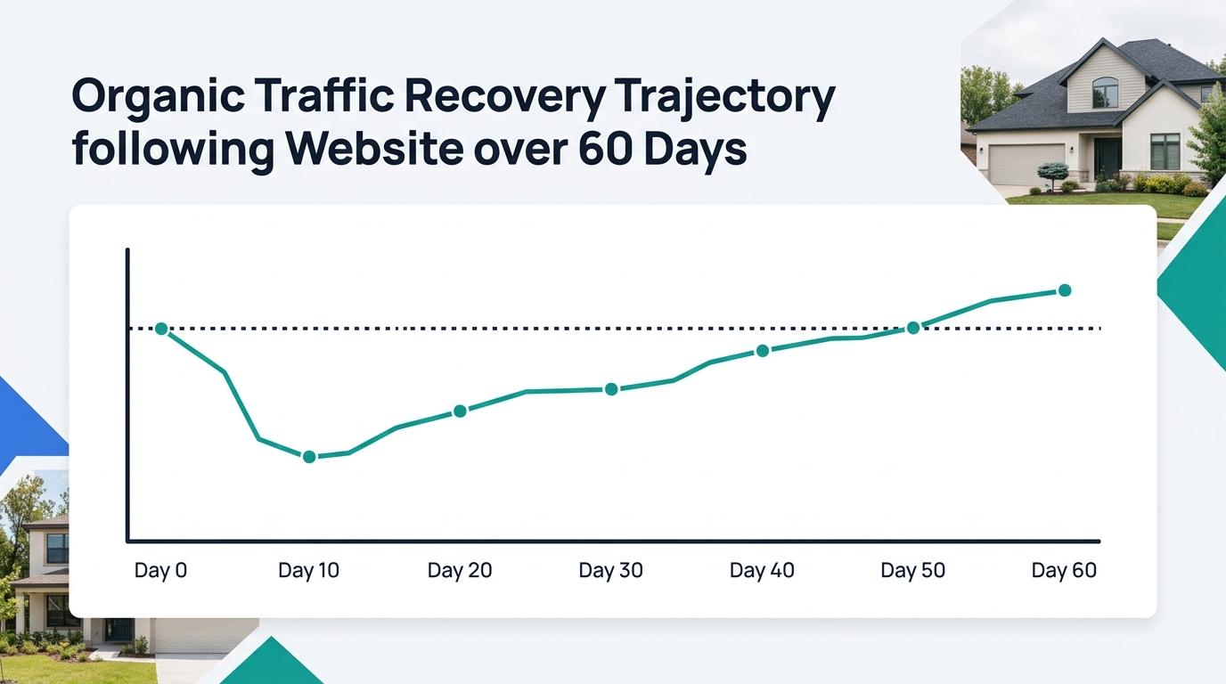 A line graph showing organic traffic recovery trajectory after website migration over 60 days, with an initial dip in week one, gradual upward recovery through weeks three to six, and a horizontal dot