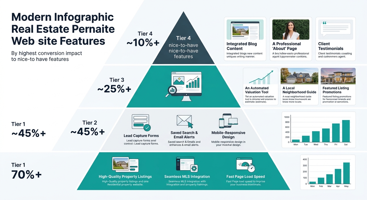 infographic showing the ten essential real estate website features arranged in a tiered pyramid, with highest-conversion features at the base and nice-to-have features at the top, including percentage