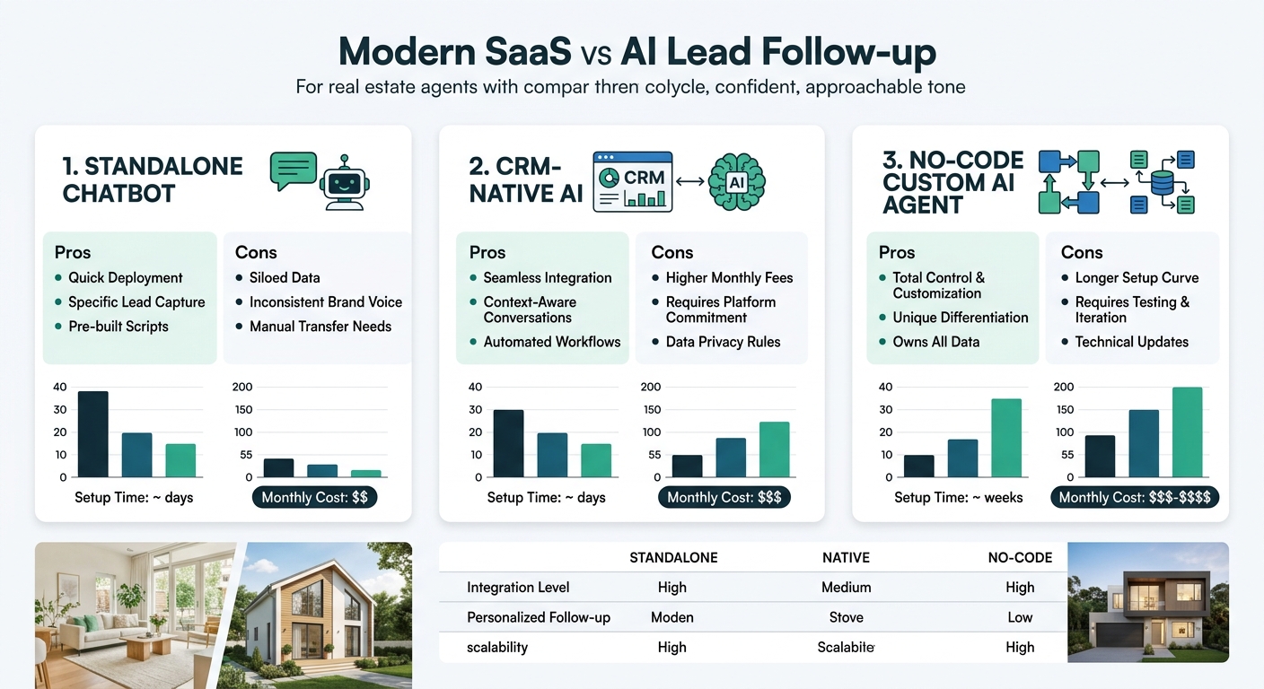 an infographic comparing three approaches to AI lead follow-up — standalone chatbot, CRM-native AI, and no-code custom AI agent — showing pros, cons, monthly cost ranges, and setup time for each optio