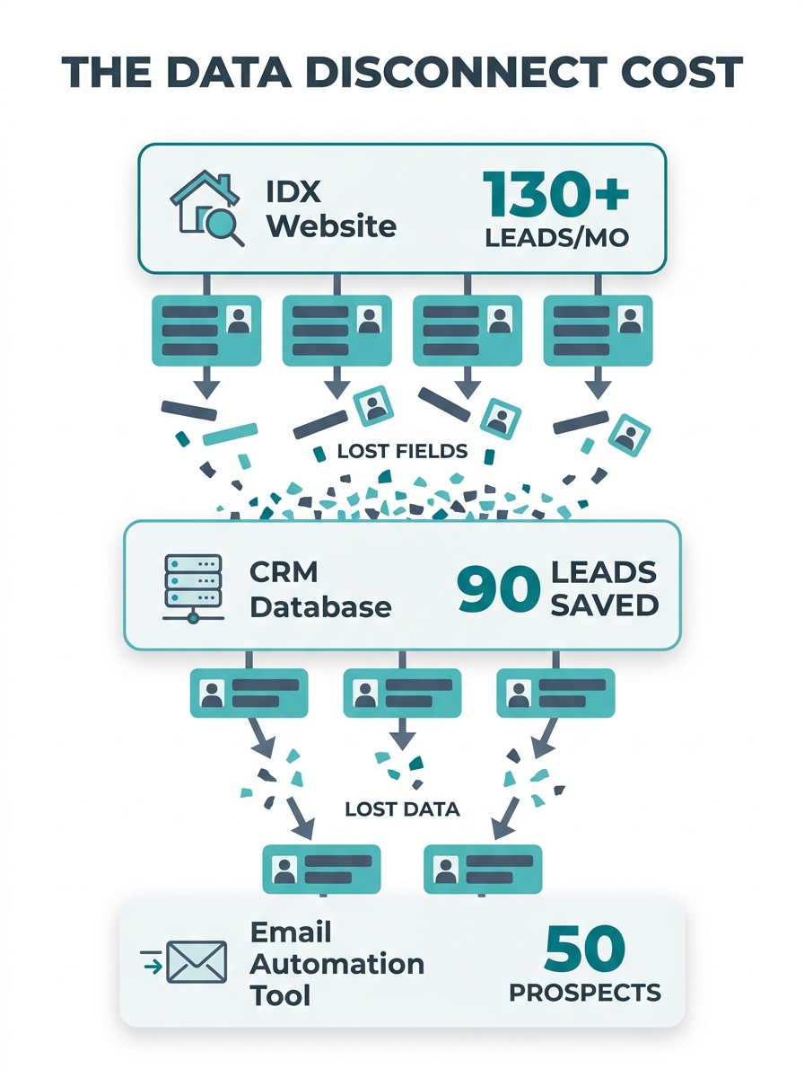 diagram showing three disconnected systems—IDX website, CRM database, and email automation tool—with data falling through gaps between them, represented by lead records losing fields at each transfer 