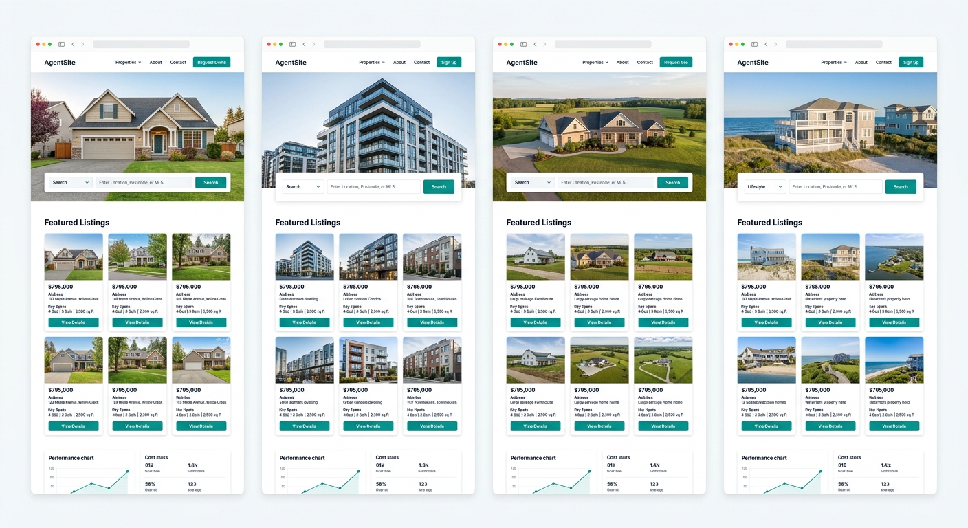 Side-by-side comparison of four generic real estate website templates showing nearly identical layouts with hero images, centered search bars, and three-column featured listing grids beneath each