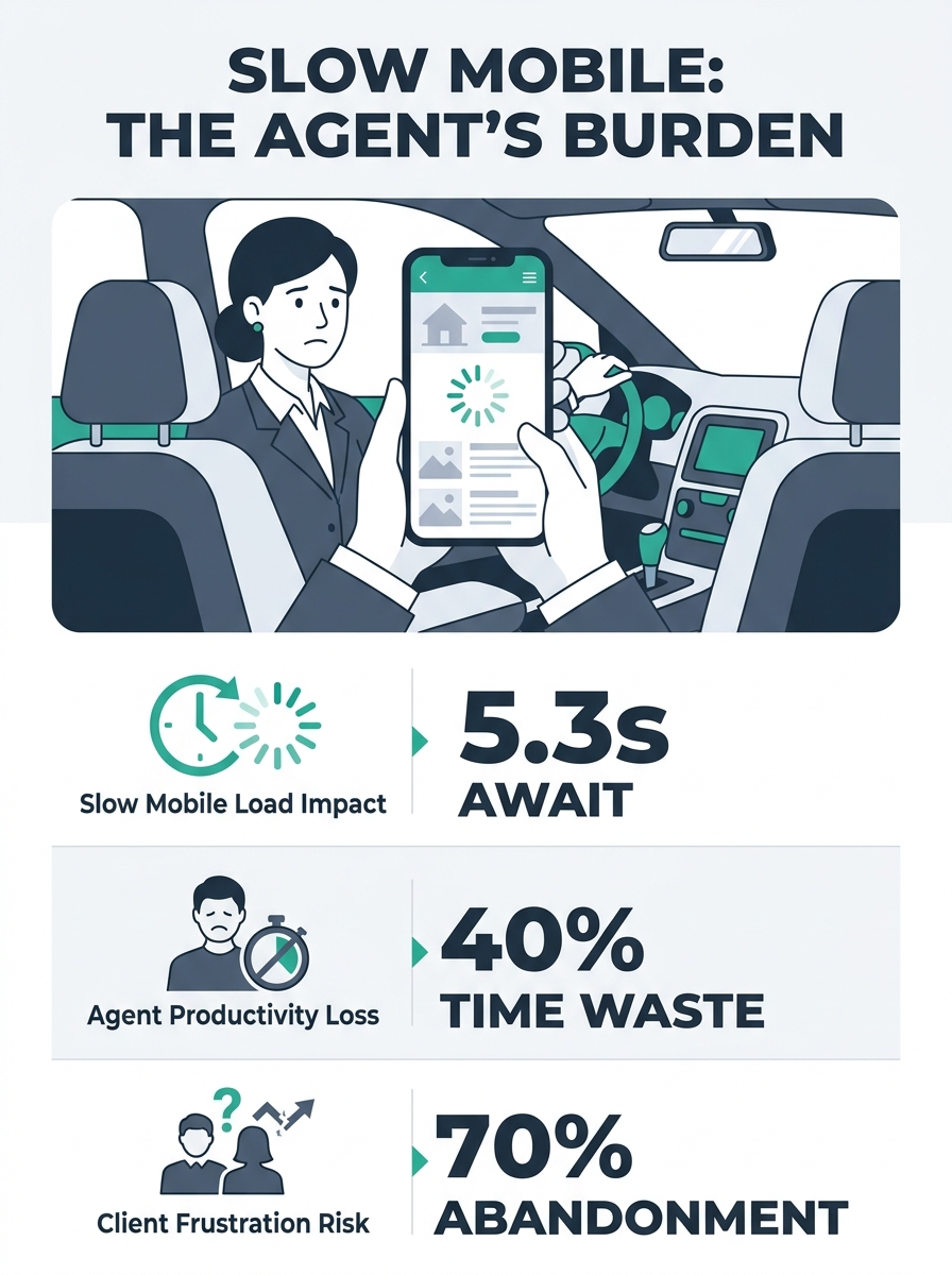 A real estate agent sitting in a car holding a smartphone, viewing a property listing website that appears slow-loading with a visible spinner icon on the screen