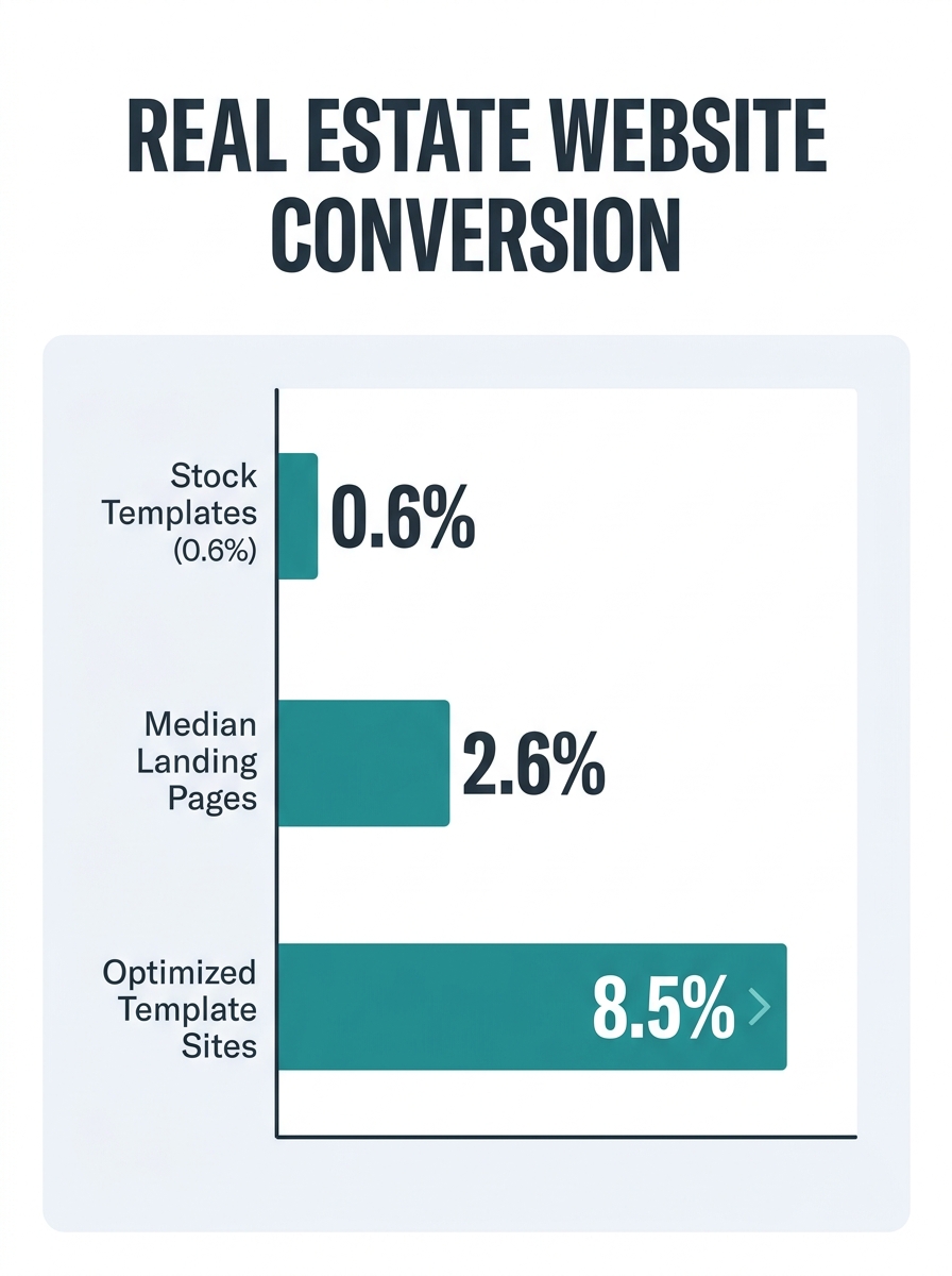 Infographic comparing conversion rates across different real estate website types — stock templates at 0.6%, median landing pages at 2.6%, and optimized template sites at 8.5%, with a horizontal bar c