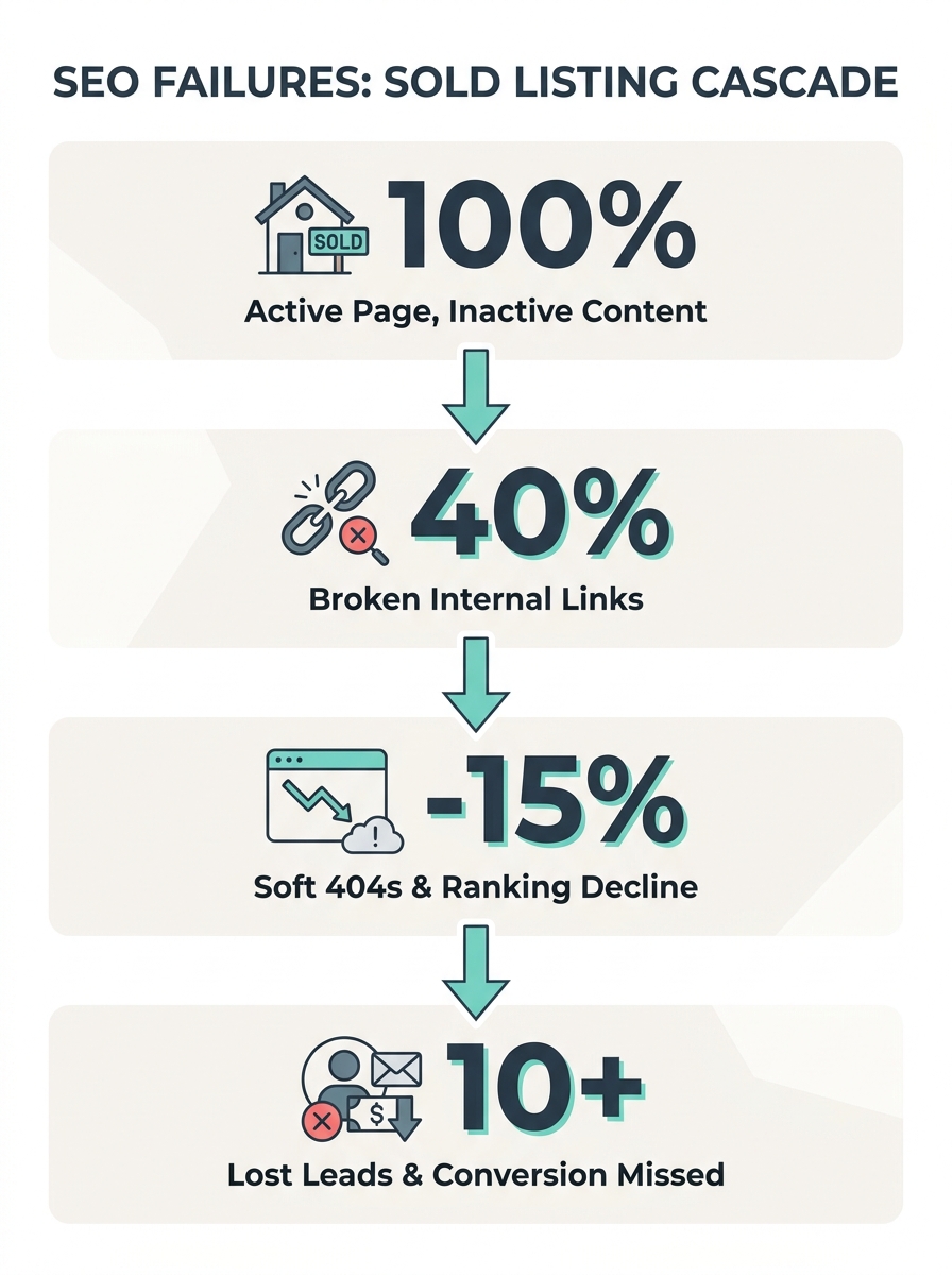 Infographic showing the cascade of technical SEO failures on a real estate website, starting with a sold listing at the top, flowing downward through broken internal links, soft 404 errors, declining