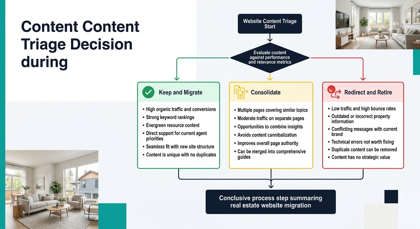A flowchart showing the content triage decision process during real estate website migration with three branching paths labeled keep and migrate in green, consolidate in yellow, and redirect and retir