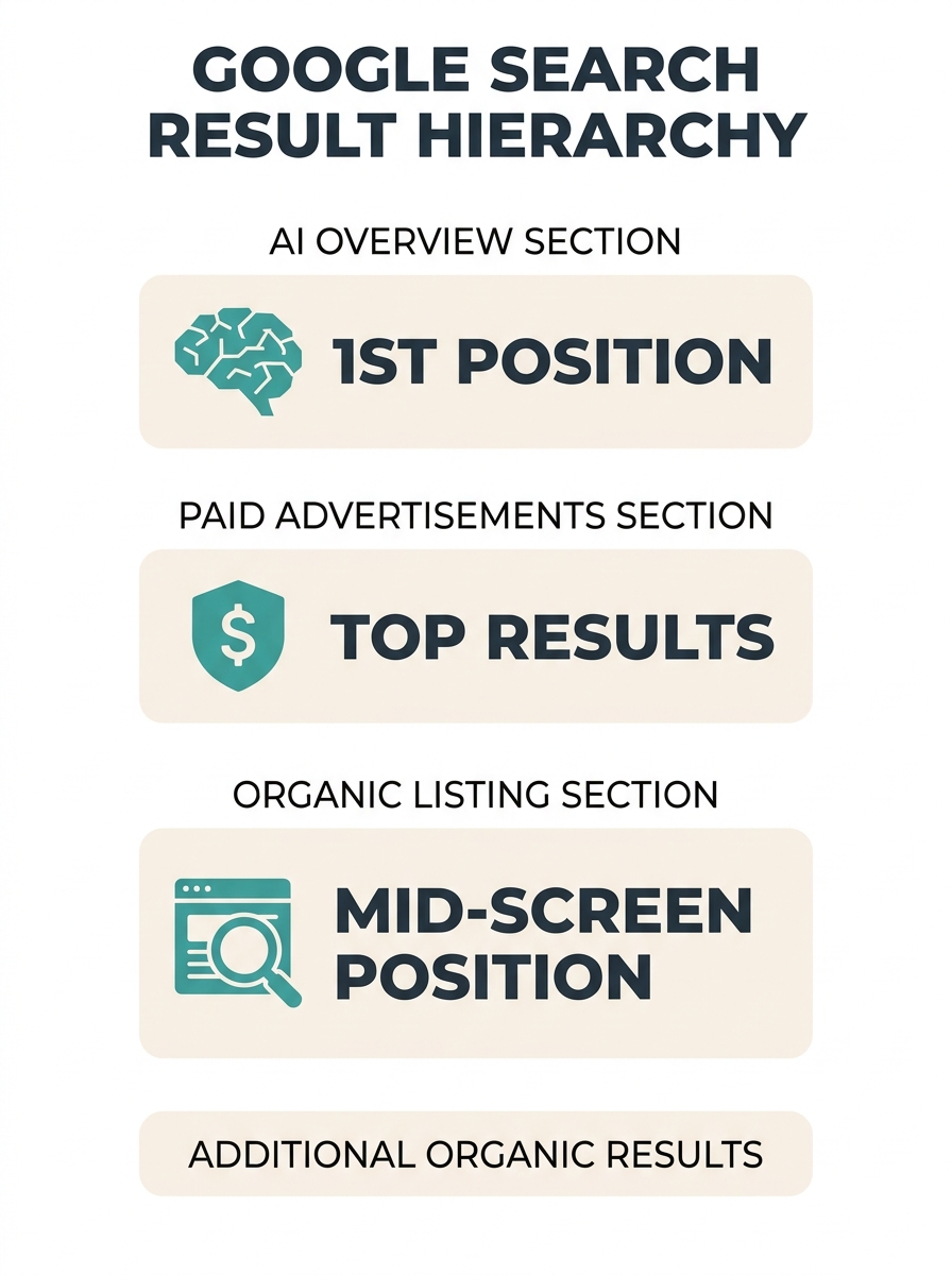 Google search results page showing organic listing positioned mid-screen beneath AI Overview and paid advertisements