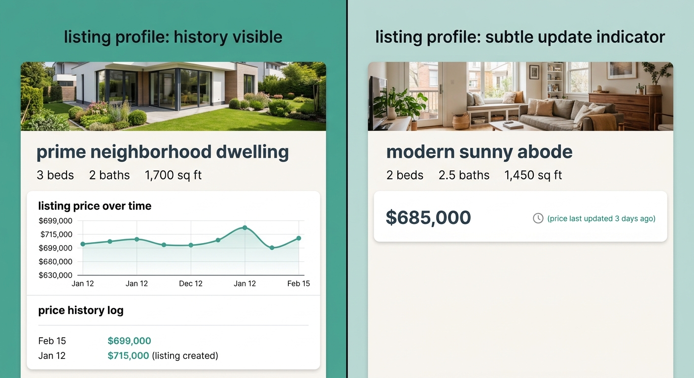 a split-screen comparison of two real estate listing pages showing different approaches to displaying price updates - one with full price history visible and one showing only current price with a subt