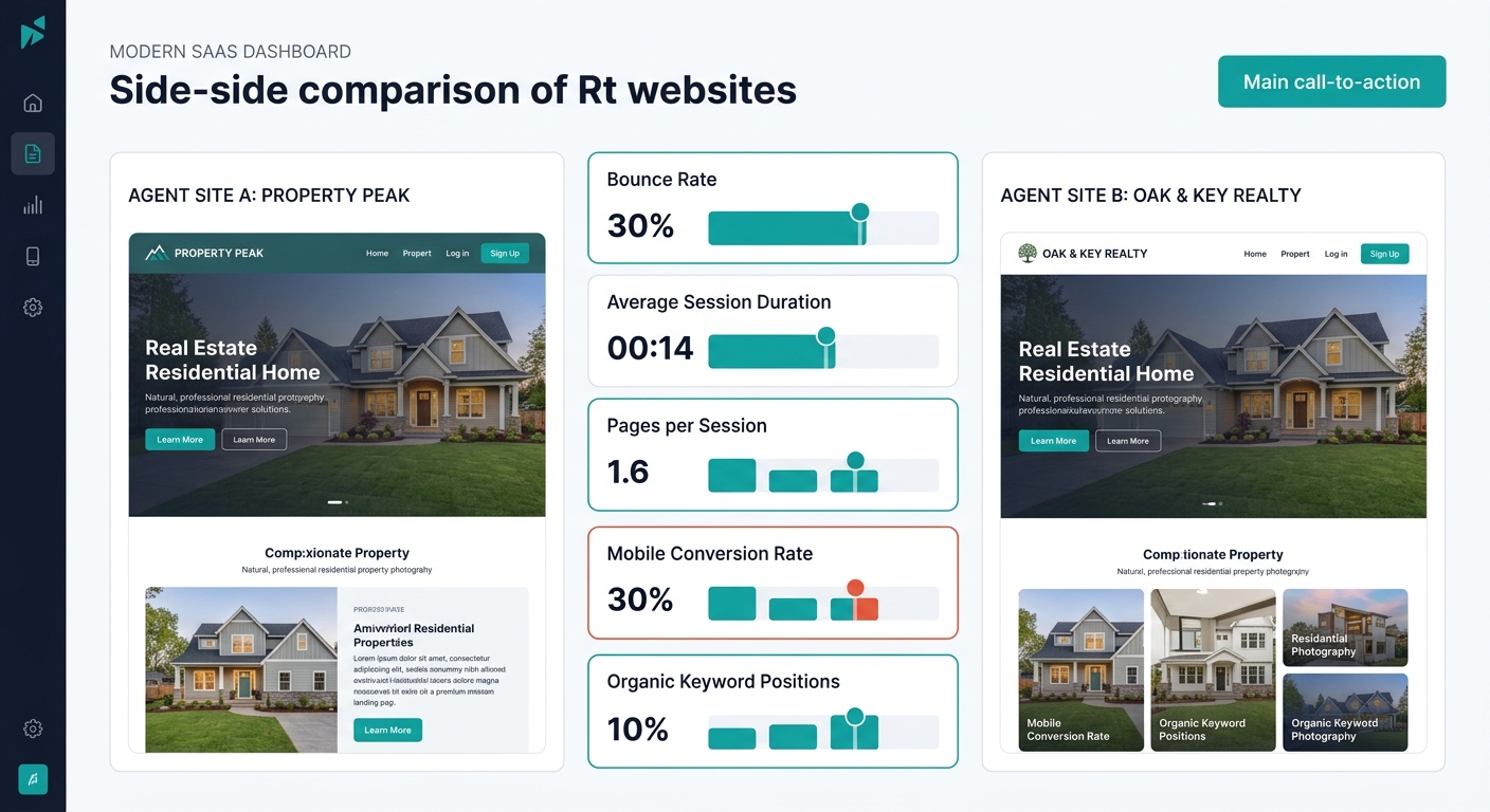 A side-by-side comparison dashboard showing two fictional real estate agent websites with metrics like bounce rate, average session duration, pages per session, mobile conversion rate, and organic key