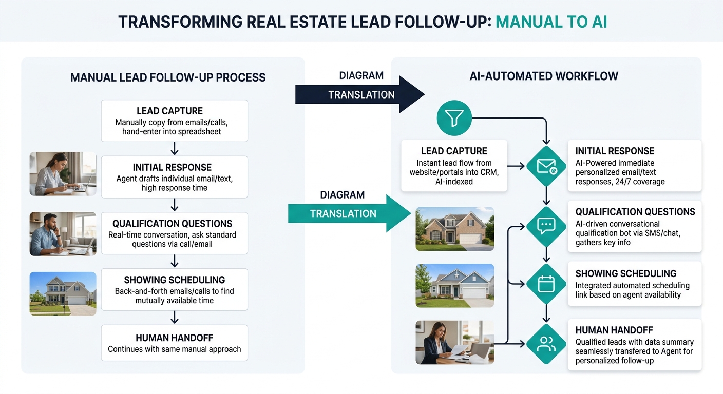 a flowchart showing a manual lead follow-up process being translated into an AI-automated workflow, with steps labeled for lead capture, initial response, qualification questions, showing scheduling, 