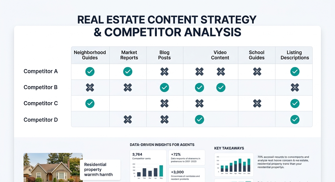 A content gap matrix showing four competitor real estate websites across rows and content types across columns including neighborhood guides, market reports, blog posts, video content, school guides, 