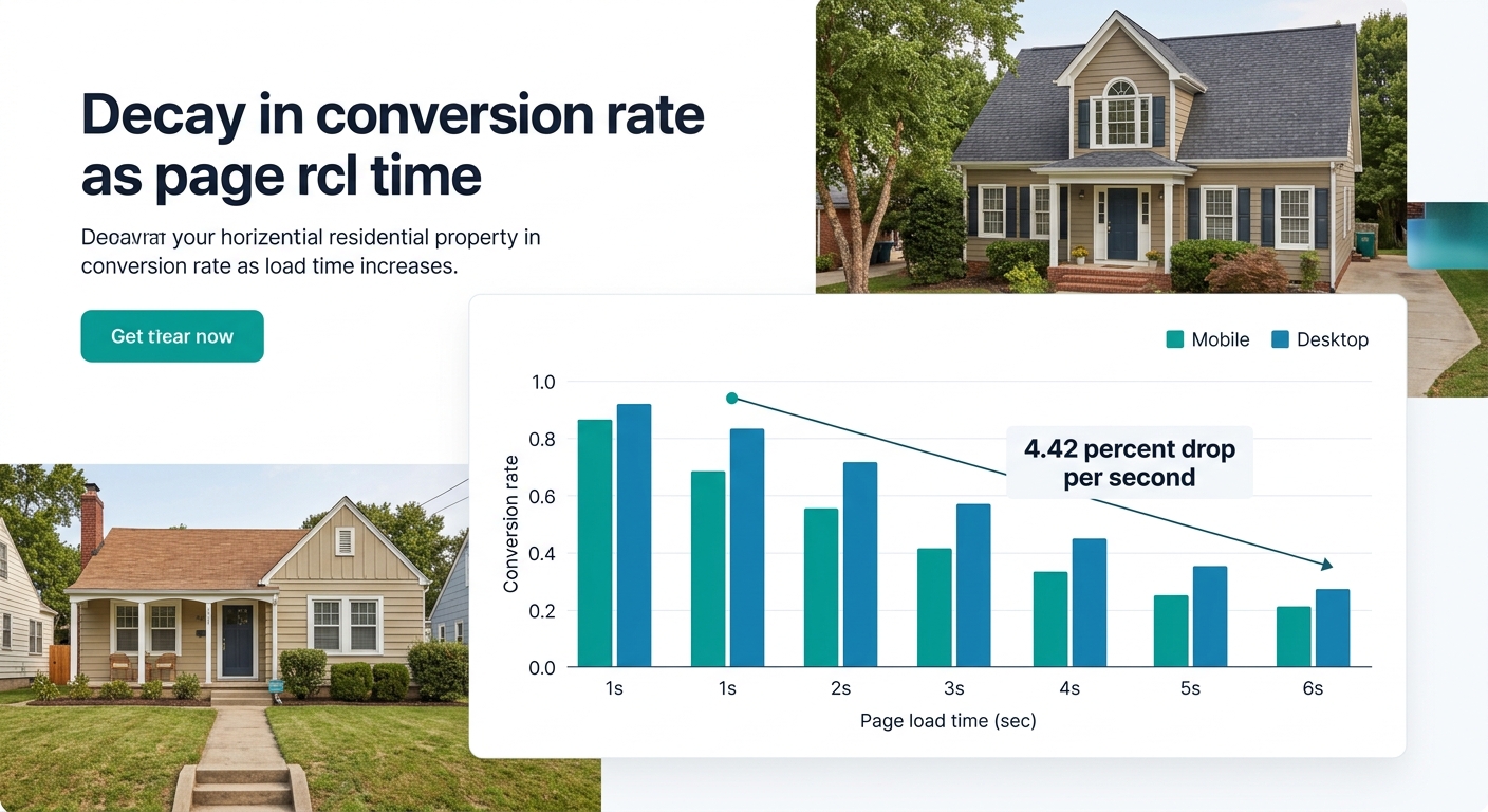 Bar chart showing conversion rate decay as page load time increases from 1 to 6 seconds, with a highlighted annotation showing 4.42 percent drop per second and separate bars for mobile versus desktop