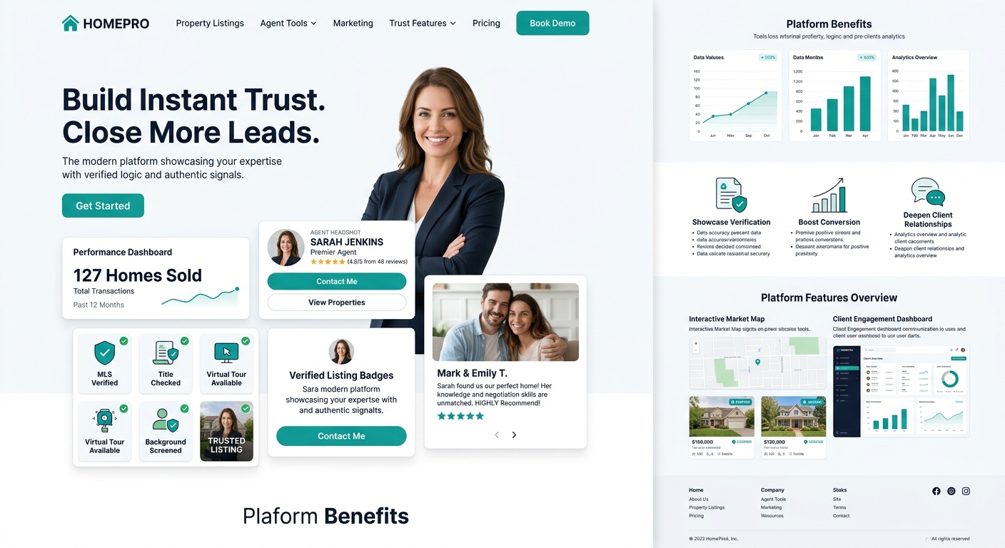Real estate website mockup highlighting trust signal elements including an agent headshot, transaction counter reading 127 homes sold, a testimonial carousel, and verified listing badges positioned ab