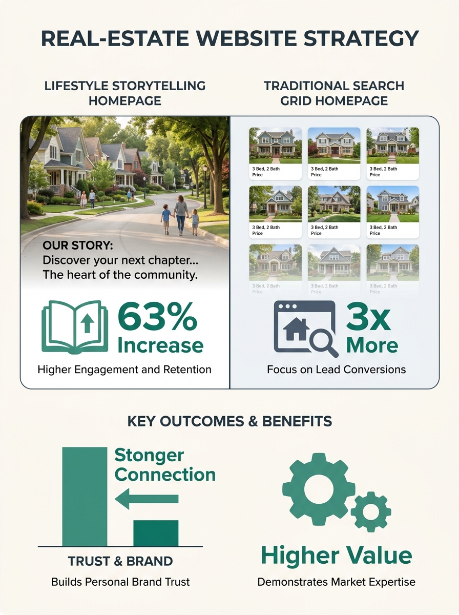 Split-screen comparison showing a lifestyle storytelling homepage with full-bleed photography and neighborhood narrative text on the left versus a traditional property search grid homepage on the righ