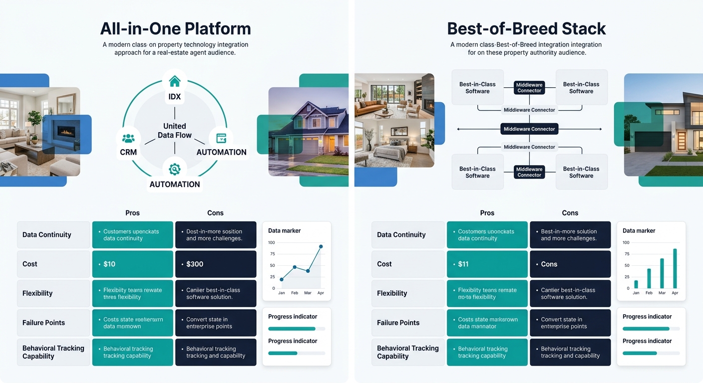 infographic comparing two integration approaches side by side—left column showing an all-in-one platform with unified data flow (IDX, CRM, automation in one circle), right column showing a best-of-bre