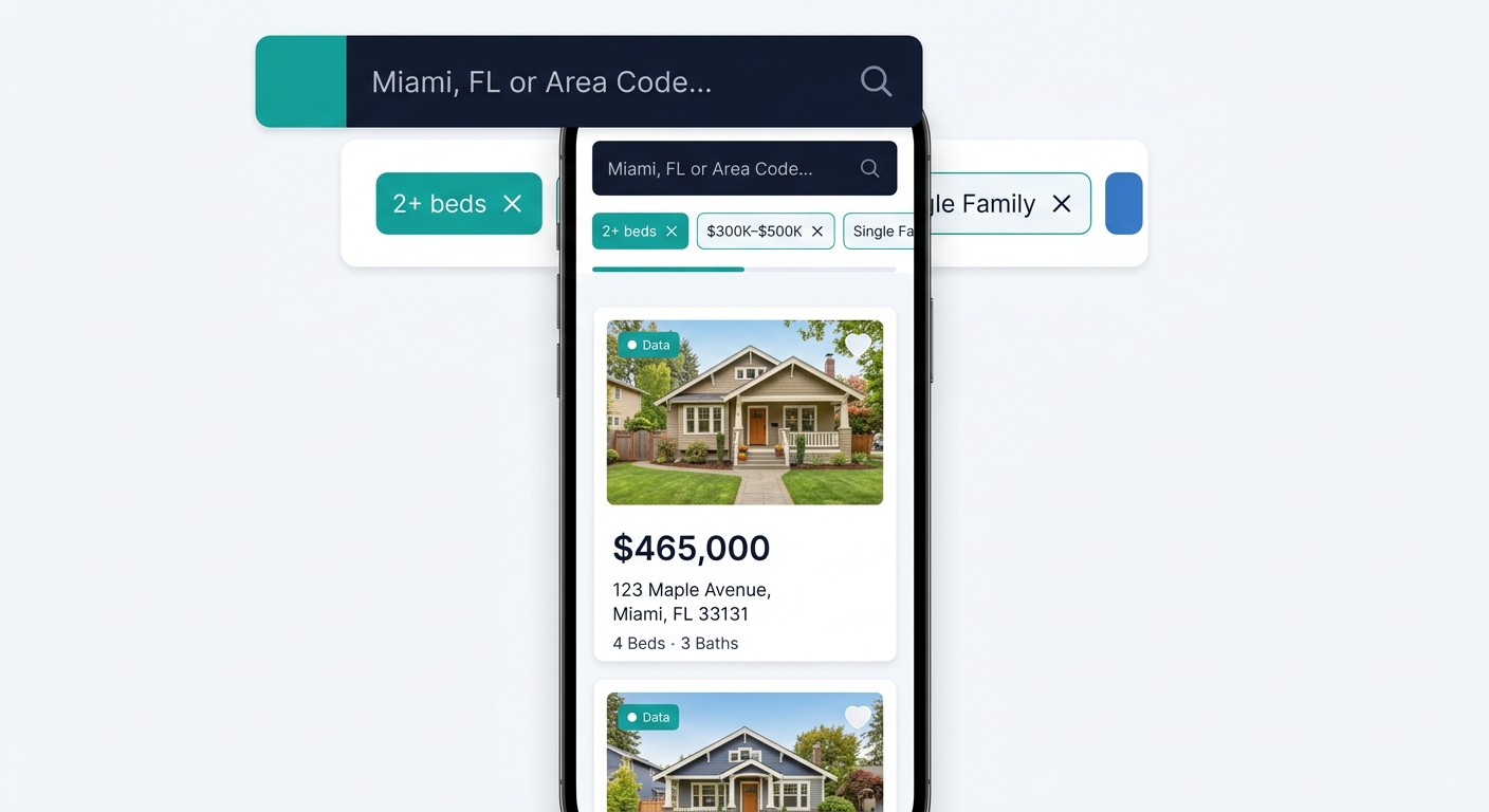 A mobile phone mockup showing a real estate property search interface with a search bar at top, removable filter chips below it reading "2+ beds," "$300K–$500K," and "Single Family," with a grid of pr