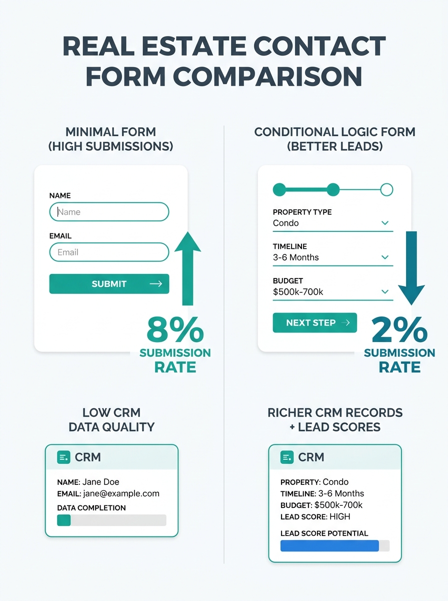 Infographic comparing two real estate website contact forms side by side — one minimal form with name and email fields showing a high submission rate but low CRM data quality, versus a conditional log