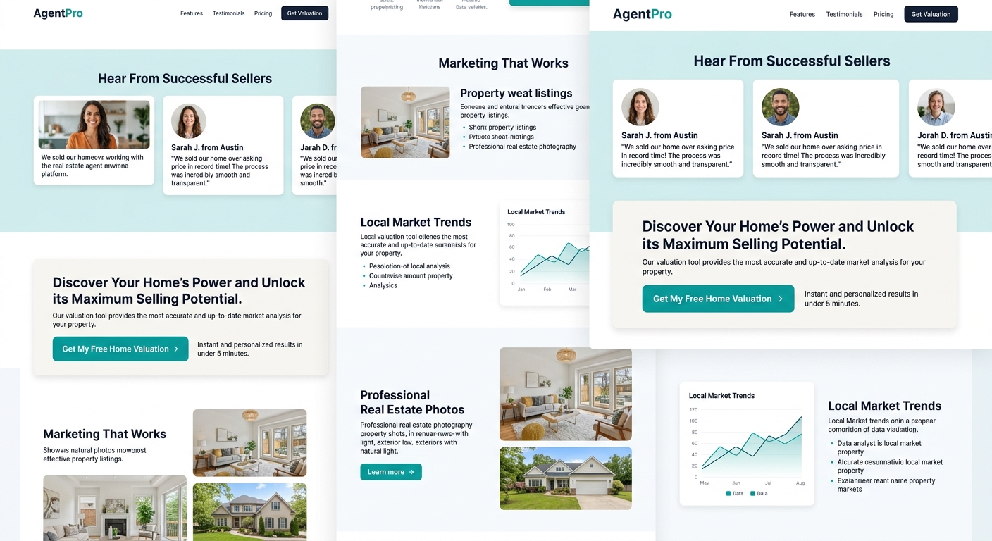 A seller landing page mockup showing optimal CTA placement after a testimonial section, with contrasting button color and specific action-oriented copy reading Get My Free Home Valuation