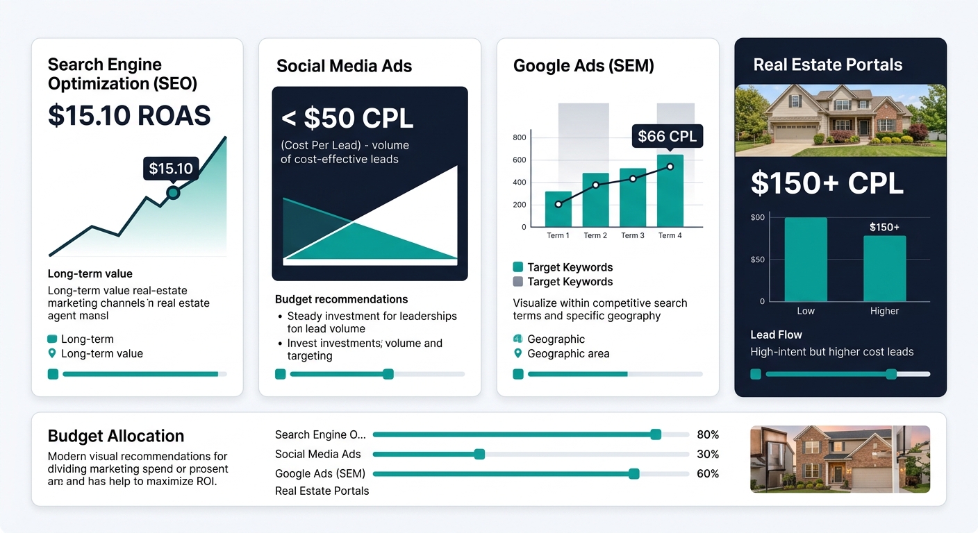 A side-by-side comparison chart showing ROAS for different real estate marketing channels, with SEO at $15.10, social media ads showing CPL under $50, Google Ads at $66 CPL, and portal leads at $150+ 