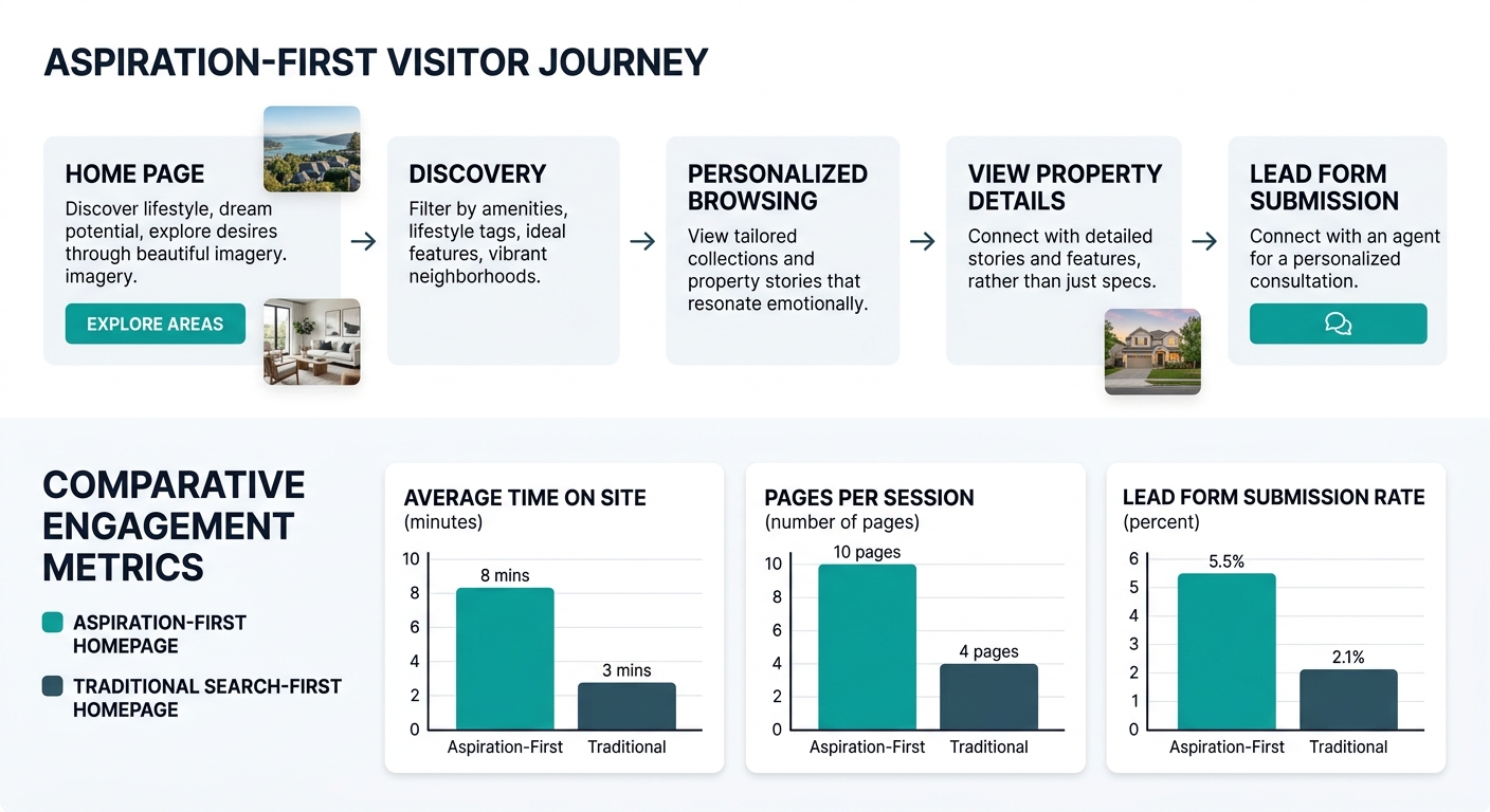 Infographic showing the visitor journey through an aspiration-first real estate website, with data points comparing average time on site, pages per session, and lead form submission rates between aspi