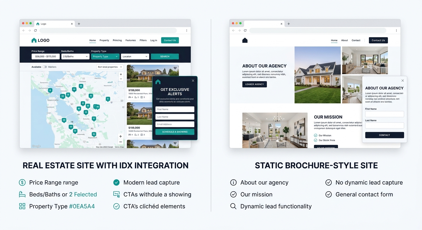 side-by-side comparison of a real estate website with IDX integration showing active property search filters with map view and lead capture overlay versus a static brochure-style site with stock photo