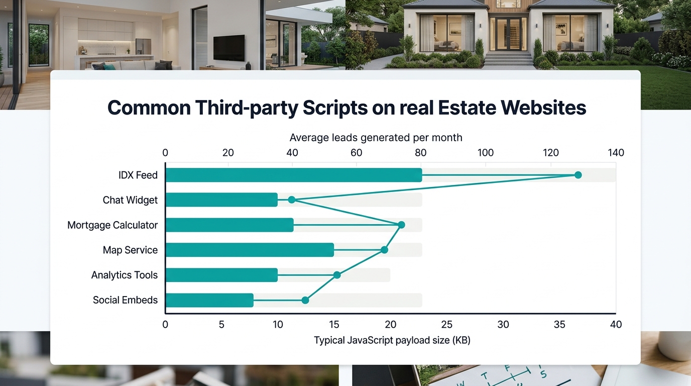 a horizontal bar chart comparing common third-party scripts on real estate websites — IDX feed, chat widget, mortgage calculator, map service, analytics tools, social embeds — with bars showing typica