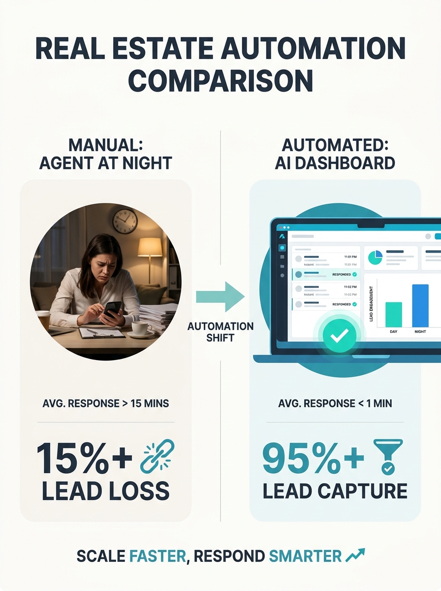 a split-screen comparison showing a real estate agent manually texting on their phone at night on one side, and an AI system automatically responding to leads on a laptop dashboard on the other side