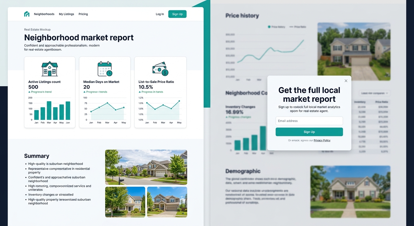 A real estate website mockup showing a neighborhood market report page with the first three statistics visible publicly and the remaining data blurred behind a simple email capture form overlay with a