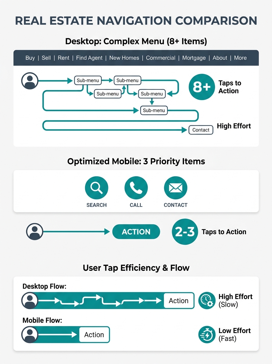 Infographic comparing a typical desktop real estate navigation menu with 8 or more items versus an optimized mobile navigation with 3 priority items — Search, Call, and Contact — showing user flow and