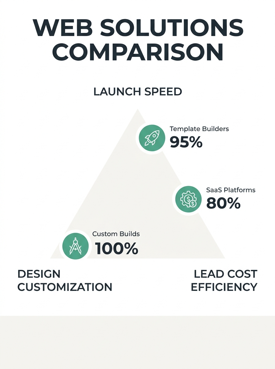 A triangle diagram with three labeled vertices — "Launch Speed" at top, "Design Customization" at bottom-left, and "Lead Cost Efficiency" at bottom-right — with template builders, custom builds, and S