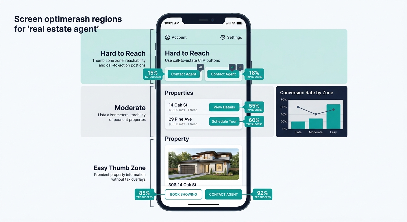 Diagram of a smartphone screen divided into three horizontal zones labeled Hard to Reach at top, Moderate in middle, and Easy Thumb Zone at bottom, with real estate CTA button placements and tap succe