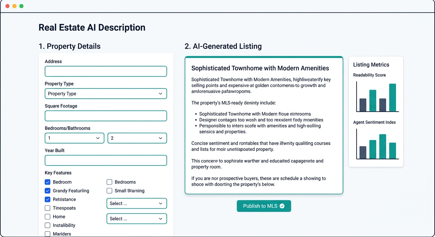Screenshot-style illustration of a real estate AI description generator interface showing property detail input fields on the left and a polished MLS-ready listing description output on the right