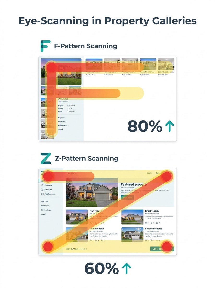 Infographic showing F-pattern and Z-pattern eye scanning overlays on two different real estate gallery layouts, with heat zones highlighted in red, orange, and yellow indicating where users focus atte