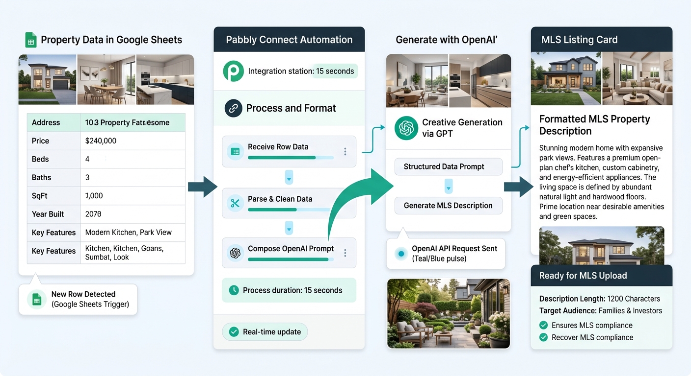 Workflow diagram showing a Google Sheets row with property data fields flowing through a Pabbly Connect automation step to OpenAI API, outputting a formatted MLS description with arrows indicating the