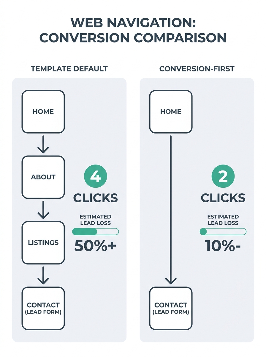Infographic showing two website navigation flows side by side - one labeled "Template Default" with 4 clicks to reach a lead form through Home > About > Listings > Contact, and one labeled "Conversion