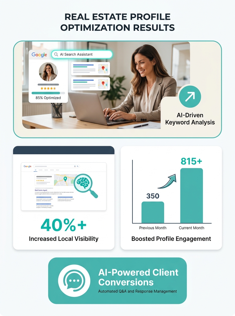 Real estate agent reviewing Google Business Profile optimization on laptop with AI search results visible on screen
