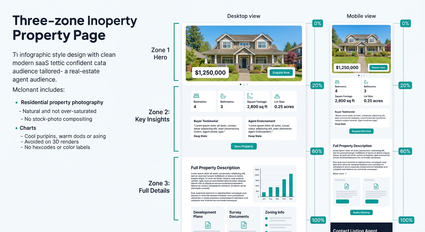 An infographic showing the three-zone property page hierarchy with Zone 1 containing hero photo, price, and compact CTA at the top; Zone 2 containing key specs, social proof, and secondary CTA in the