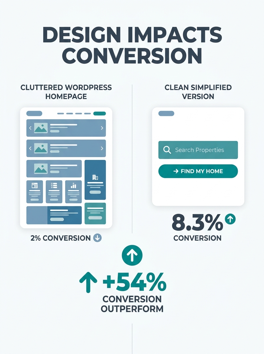 Side-by-side comparison showing a cluttered WordPress real estate homepage with multiple sliders, widgets, and banners versus a clean, simplified version with a single search bar and one CTA button, w