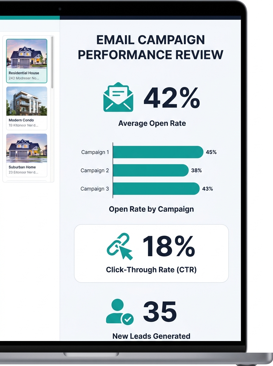 Real estate agent reviewing email campaign analytics on laptop with multiple property listing thumbnails visible on screen
