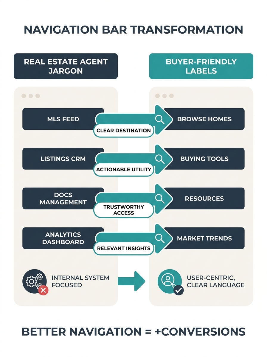 A side-by-side comparison showing a real estate website navigation bar with internal jargon labels on the left versus buyer-friendly plain-language labels on the right, with arrows highlighting the di