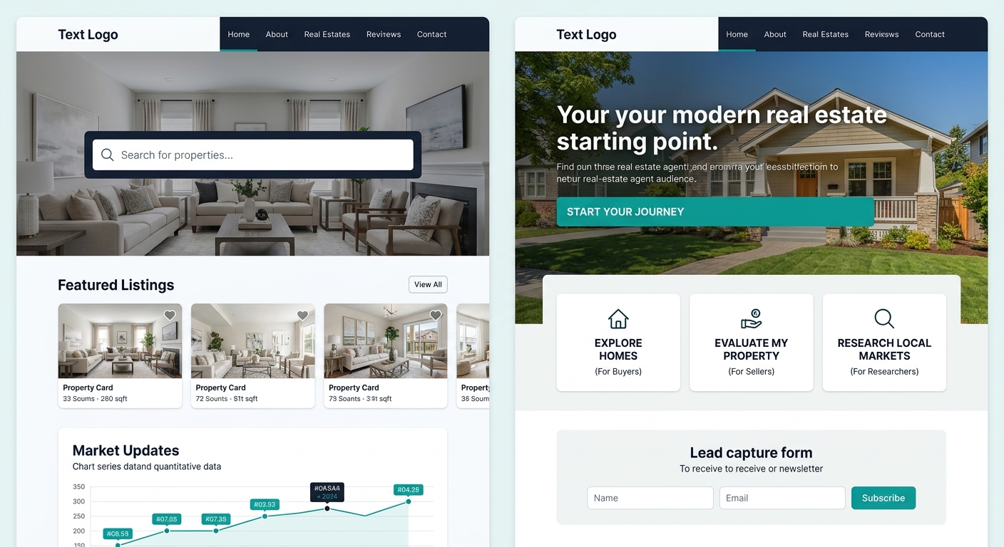Side-by-side comparison of two real estate homepage wireframes, left showing traditional search-bar-dominant design with large search field above fold and no visible CTA buttons, right showing intent-