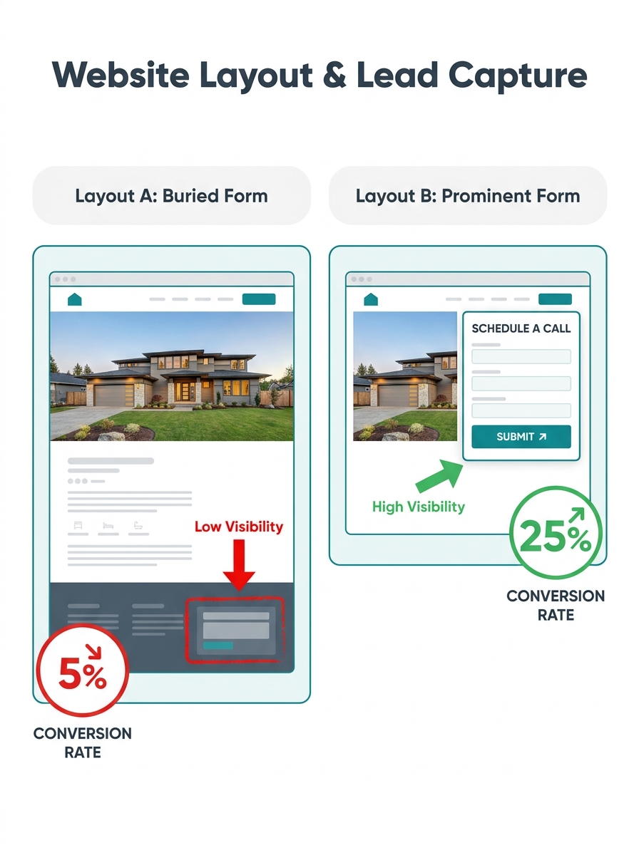 A side-by-side comparison of two real estate website layouts, one showing a contact form buried in the footer with low visibility highlighted in red, the other showing the same form placed prominently