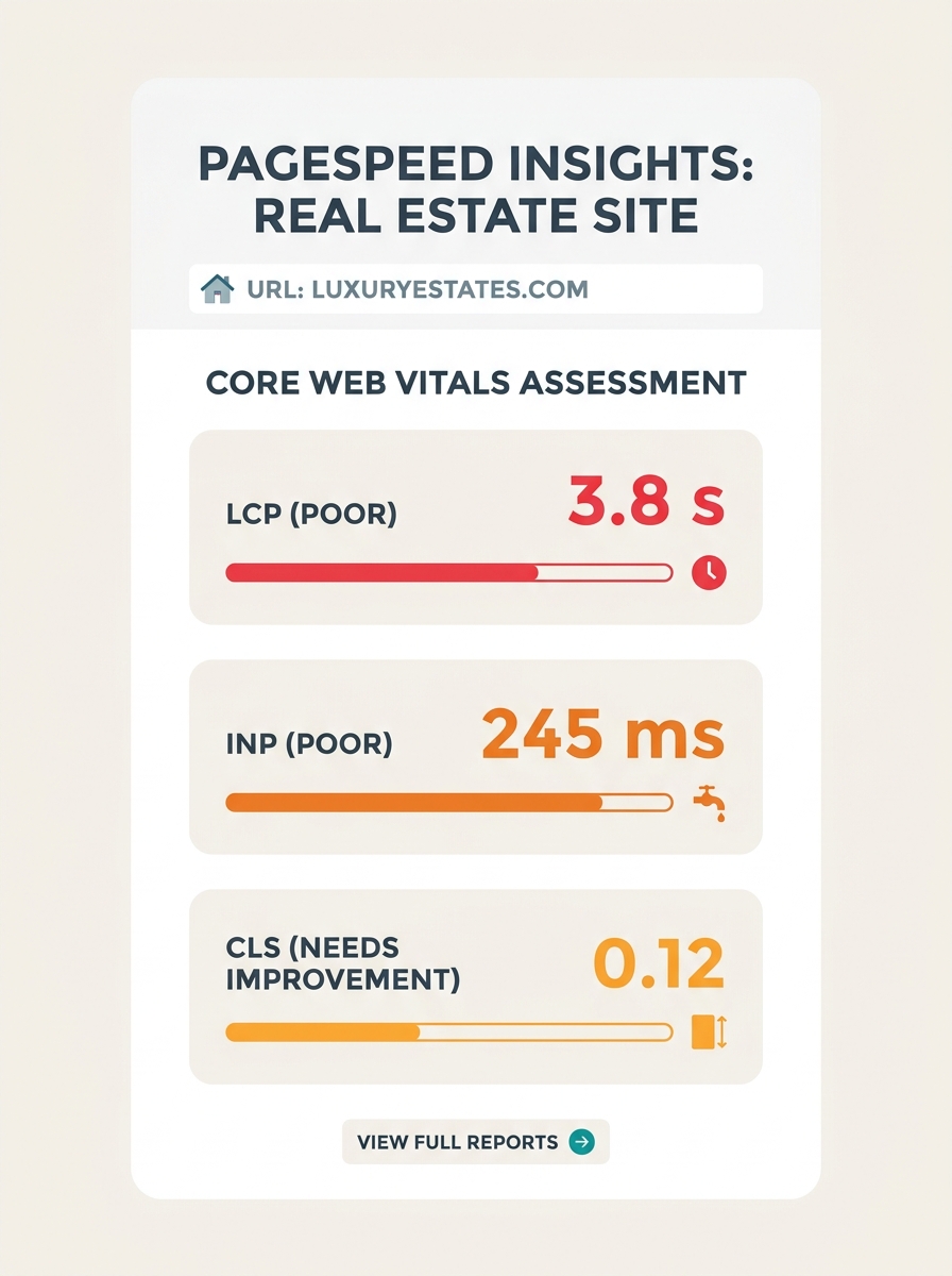 A screenshot-style illustration of Google PageSpeed Insights showing a real estate website with red and orange Core Web Vitals scores for LCP, INP, and CLS, with specific metric numbers visible