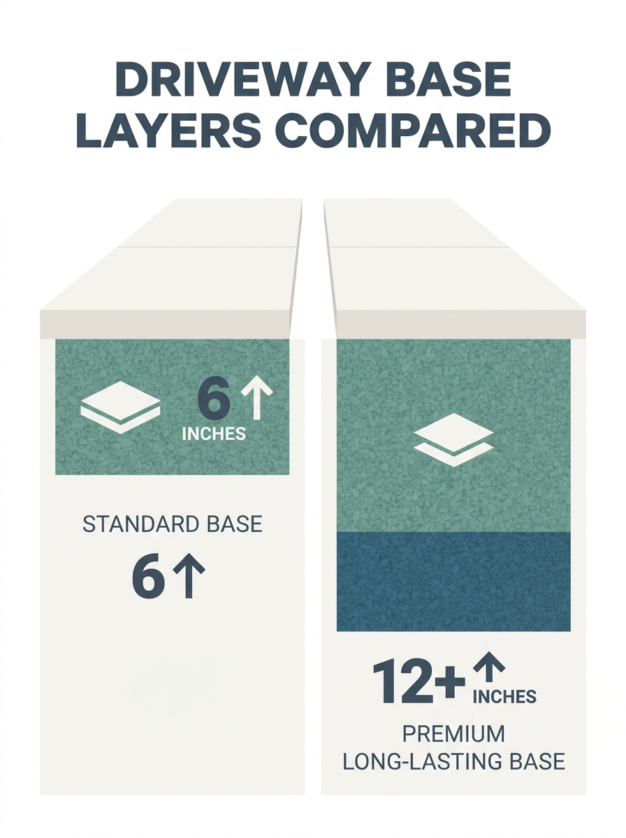 Split-screen visual showing identical driveways on surface with cross-section revealing different base layer depths and materials underneath