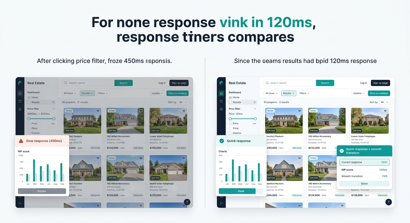 Side-by-side comparison of two real estate search page interactions — one showing a 450ms delay after clicking a price filter with a frozen interface, the other showing a 120ms response with smooth re