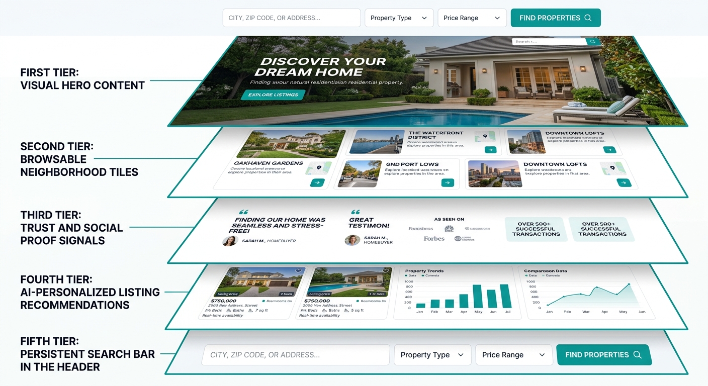 A five-tier layered diagram showing the modern real estate homepage hierarchy from top to bottom: visual hero content, browsable neighborhood tiles, trust and social proof signals, AI-personalized lis